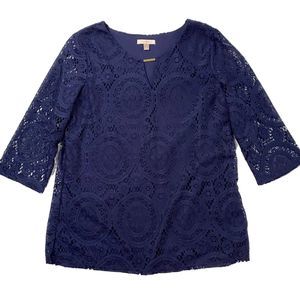 Roz & Ali Navy Blue 3/4 Sleeve Eyelet Blouse Large